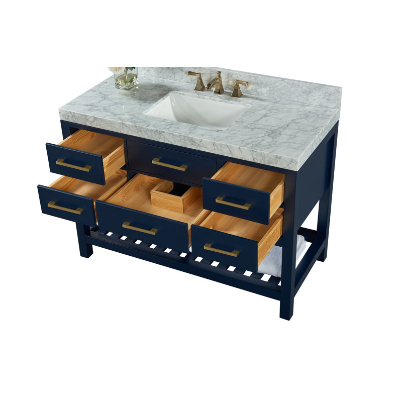 Ensemble de meuble-lavabo simple 48 po Carrie, Bleu héritage / or brossé, Marbre blanc de Carrare