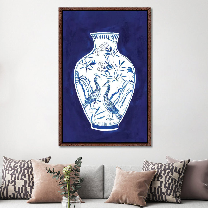 Indigo Porcelain Vase II by Isabelle Z - Print on Canvas, 152.5 cm H x 101.5 cm W, Classic Brown Wood Framed