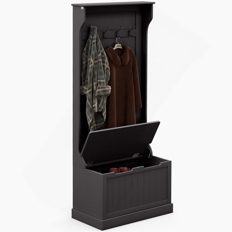 28" 3-In-1 Entryway Hall Tree With Storage Bench, Coat Rack With Four Hooks And Shoe Storage, Black