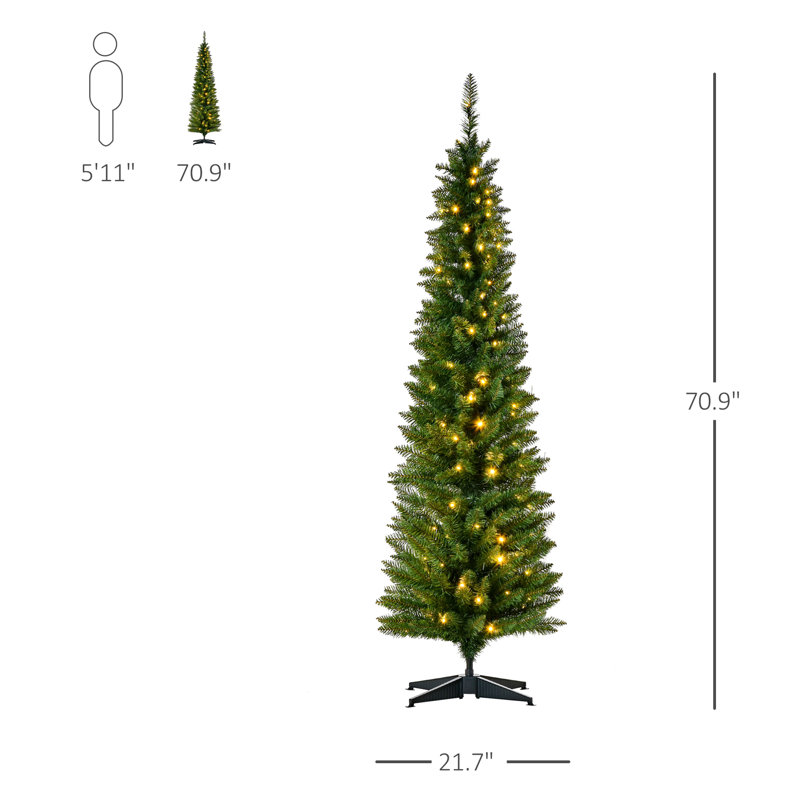 Sapin de Noël artificiel mince 6 pi avec 6 lumières DEL blanc chaud et 390 pointes, pour décoration de Noël, vert