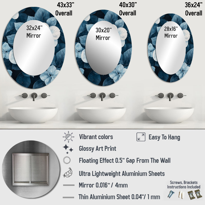 Monochrome Hydrangea Cluster Pattern I - Blue Oval Wall Mirror Decor, 36" x 24"