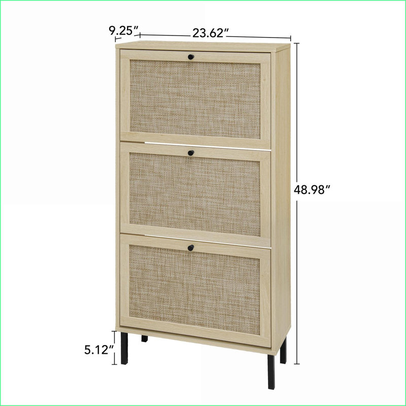 Shoe Rack, 3-Door Freestanding Engineered Rattan with Double Shelves | Modern | Entryway