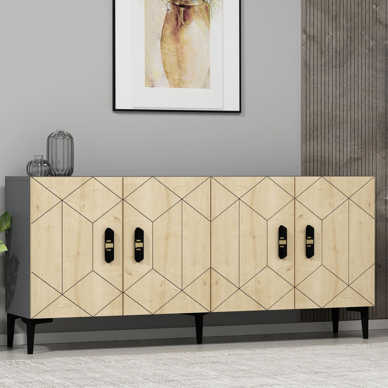 Console moderne Catena, chêne anthracite et saphir, panneau de particules enduit 100% mélamine, tablettes multiples, fixation murale, conception géométrique | Parfait pour le salon et le vestibule
