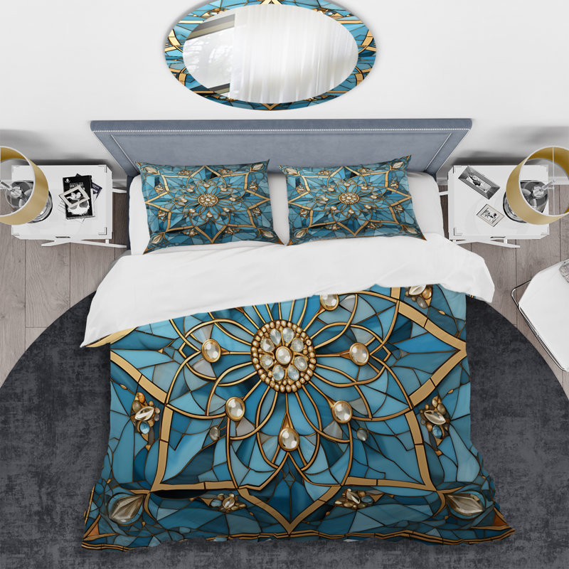 Ensemble de housse de couette bleu et or, Housse de couette pour lit simple + 1 taie décora