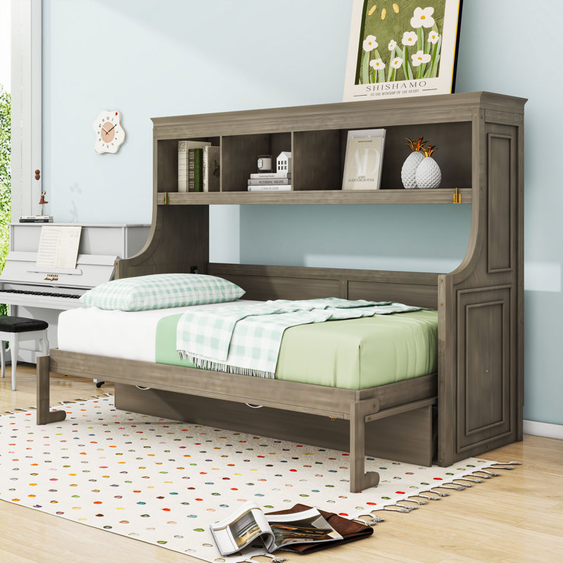 Lit escamotable simple avec bureau intégré et tablettes, Gris délavé