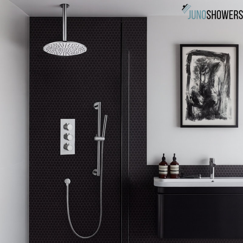 Sleek brushed nickel shower faucet with rainfall head and adjustable handheld sprayer