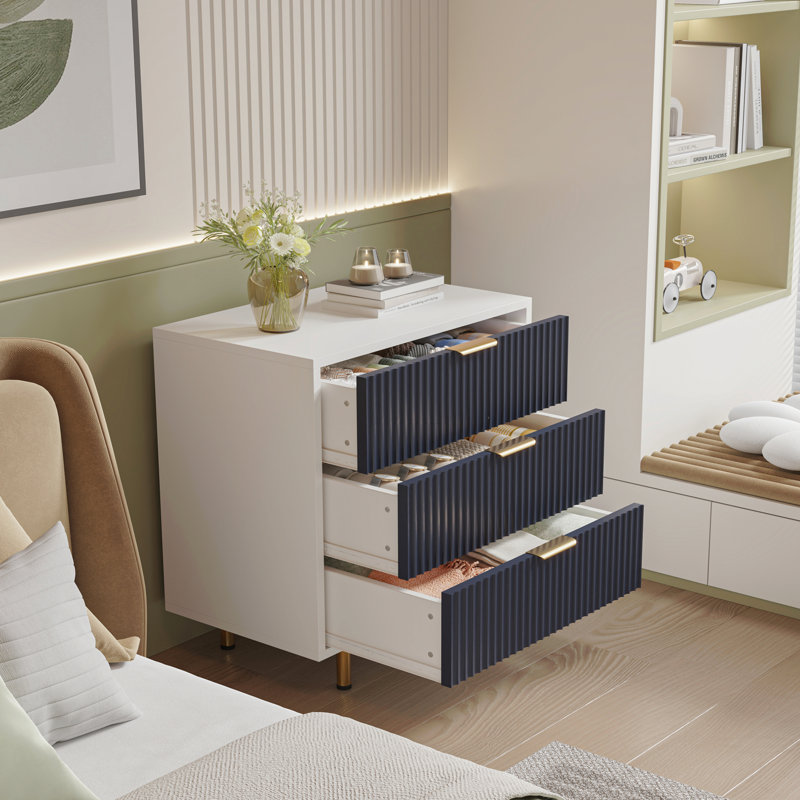 Commode à 3 tiroirs pour la chambre à coucher Dfw, table de chevet moderne cannelée à tiroirs profonds, commode à large plateau, organisateur de commode en bois, table d'appoint