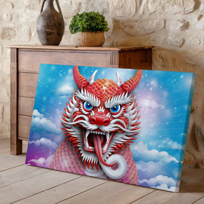 Toile Une tête de dragon stylisée et éclatante émerge des nuages tourbillonnants, mettant en vedette des détails complexes dans son art en toile rouge et blanc