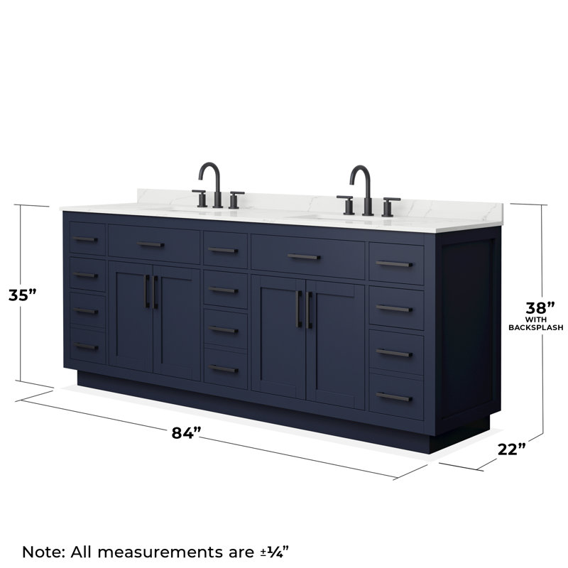 Beckett TK 84'' Double Bathroom Vanity with Quartz Top, 8" Center, Matte Black, Blue 