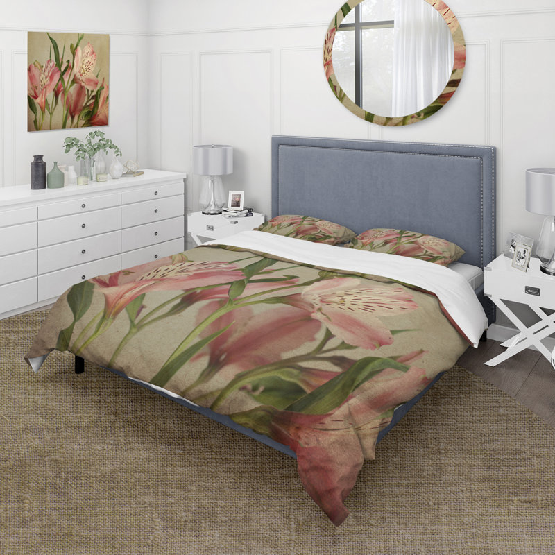 Retro Alstroemeria Flower - Ensemble de housse de couette traditionnel - Microfibre de polyester