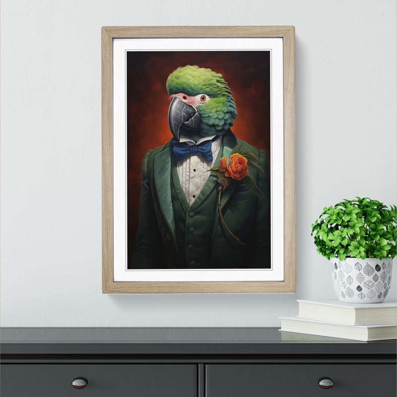 Parrot In A Suit - Single Picture Frame Print on Wood, 34cm H x 25cm W x 2cm D, Oak