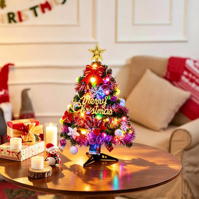 Mini sapin de Noël de table avec lumières DEL, 45 cm, petit sapin artificiel à monter soi-même, avec support et étoile au sommet, décoration de Noël intérieure