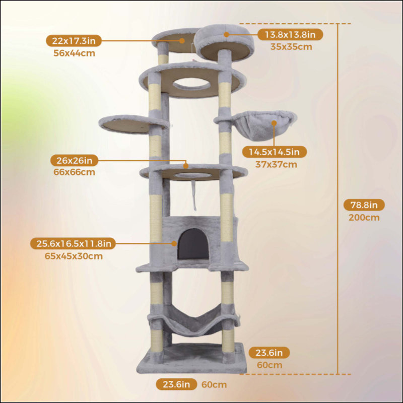 Tour pour arbre à chat avec base large, grand condo, 12 poteaux à griffer en sisal, grand hamac, plateforme supérieure, perchoir et jouet interactif
