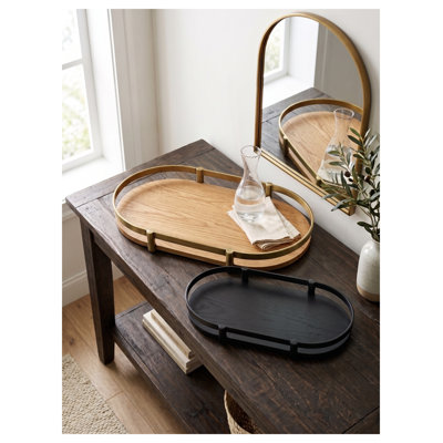 Set of 2 Oval Decorative Trays with Ash Wood Veneer Base and Mixed Metal Rails in Antique Brass and Matte Black