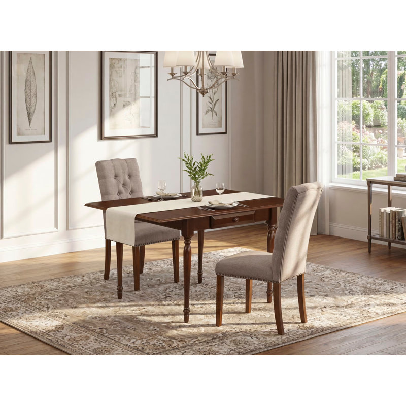 3 Piece Dining Set Contains a Rectangle Dining Room Table with Dropleaf and 2 Dark Khaki Linen Fabric Upholstered Chairs, Mahogany