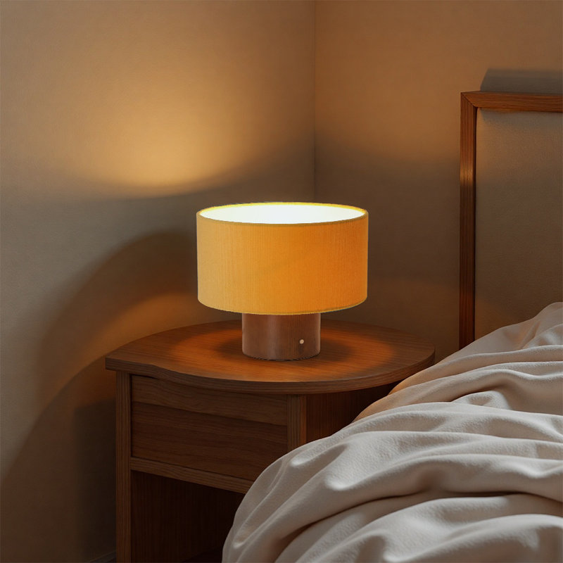 Lampe de table moderne 12 po avec abat-jour en velours côtelé texturé, base en bois massif et interrupteur tactile pour la chambre à coucher, le salon ou la chambre d'enfant