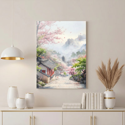 «Cherry Blossom Temple Landscape», ensemble de 1 reproduction d'art sur toile tendue