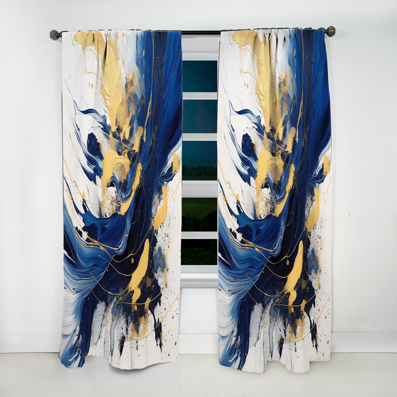 Rideau occultant abstrait bleu foncé et or V - 1 panneau, L 52 po x L 108 po