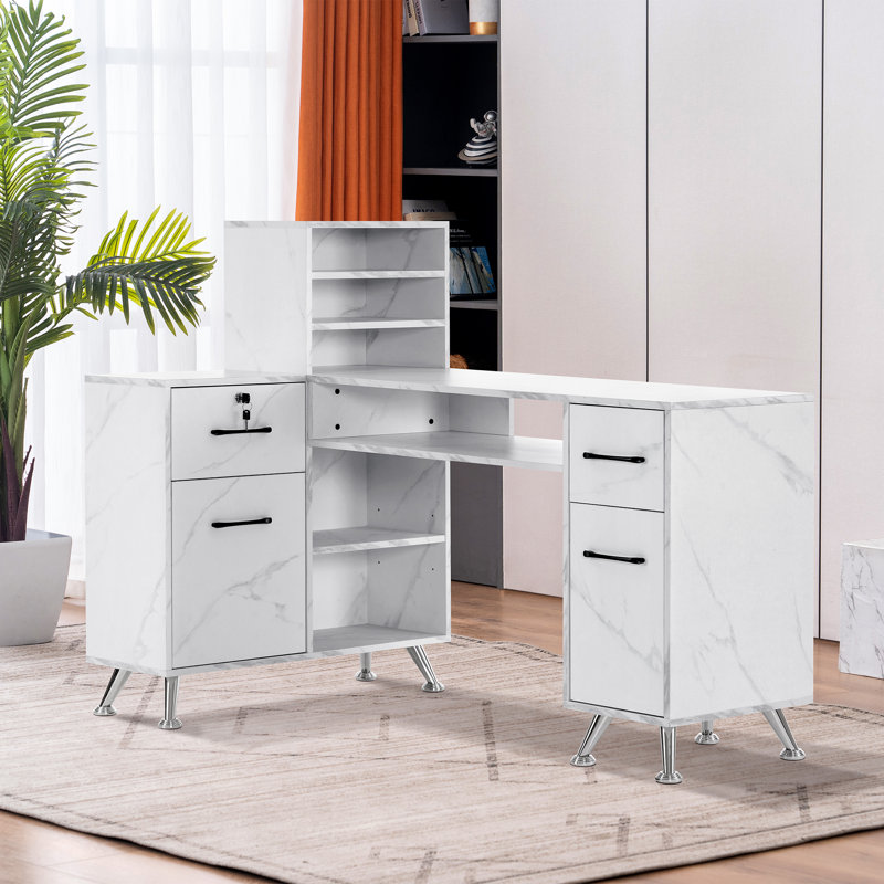 Kowlessar L-Shaped Corner Vanity Makeup Desk, Manicure Table with Lackable Drawer