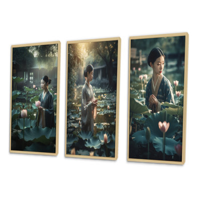 Asian Girl In Lotus Pond At Dawn - Asian Art, ensemble de 3 pièces
