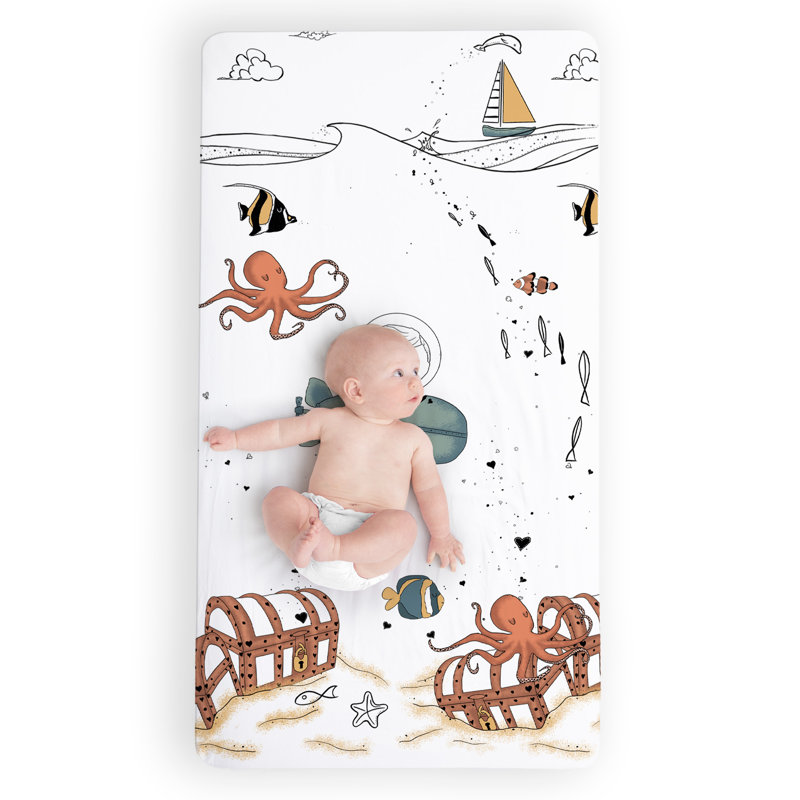 JumpOff Jo - Drap-housse pour lit de bébé, drap de lit de bébé 100% coton super doux et respirant pour matelas de lit de bébé standard et lits pour tout-petits, 28 po x 52 po - Octopus Treasure