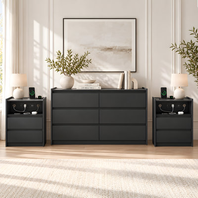 Ensemble de meubles de chambre à coucher modernes 3 pièces avec commode à 6 tiroirs et 2 tables de chevet avec stations de recharge