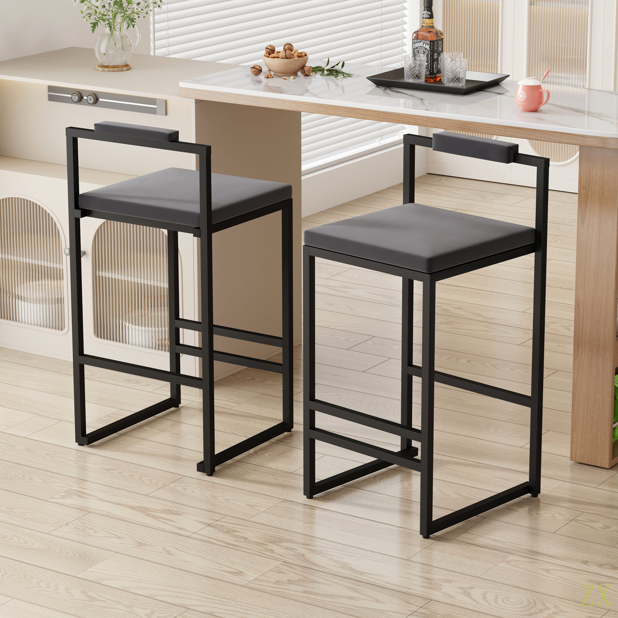 Latitude Run® Set Of 2 Bar Stools With Backrest & Footrest Counter ...