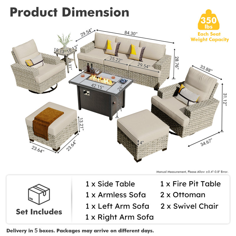 Ensemble de conversation en osier pour 5 personnes avec coussins et repose-pieds Dzion, Beige
