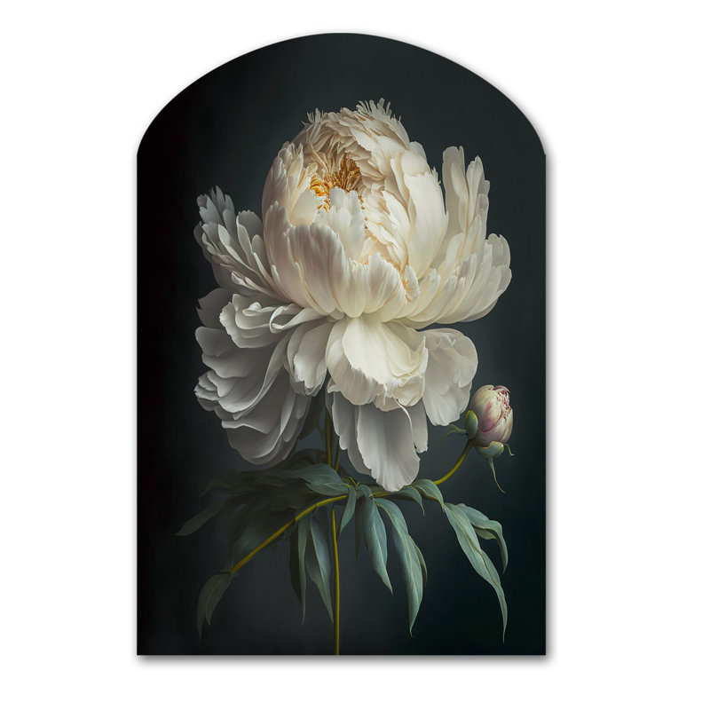 Blooming White Peony V - Art mural en forme d'arche de pivoine florale, H 43 po x l 33 po