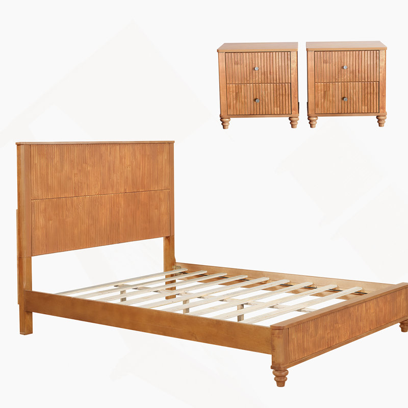 3-Piece Bedroom Set With A Bed And 2 Nightstands, Natural, Queen