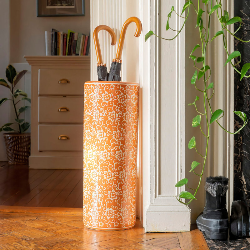 24" Bright Yellow Umbrella Stand, Orange Floral