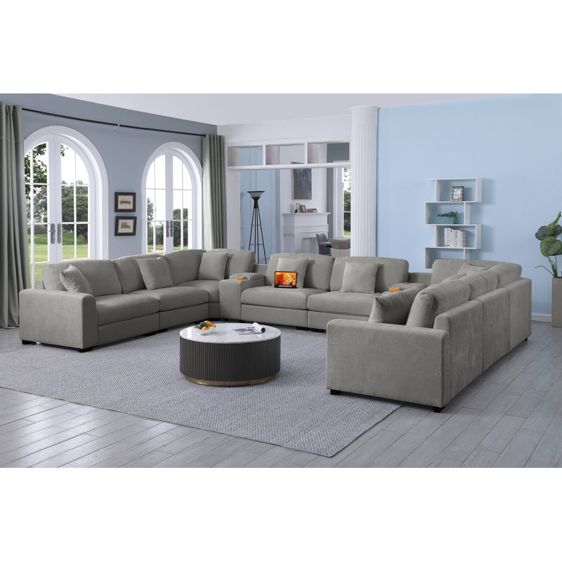 Modern Upholstered Cloud Modular Corner Sectional Sofa With Two Consoles, Light Gray Chenille