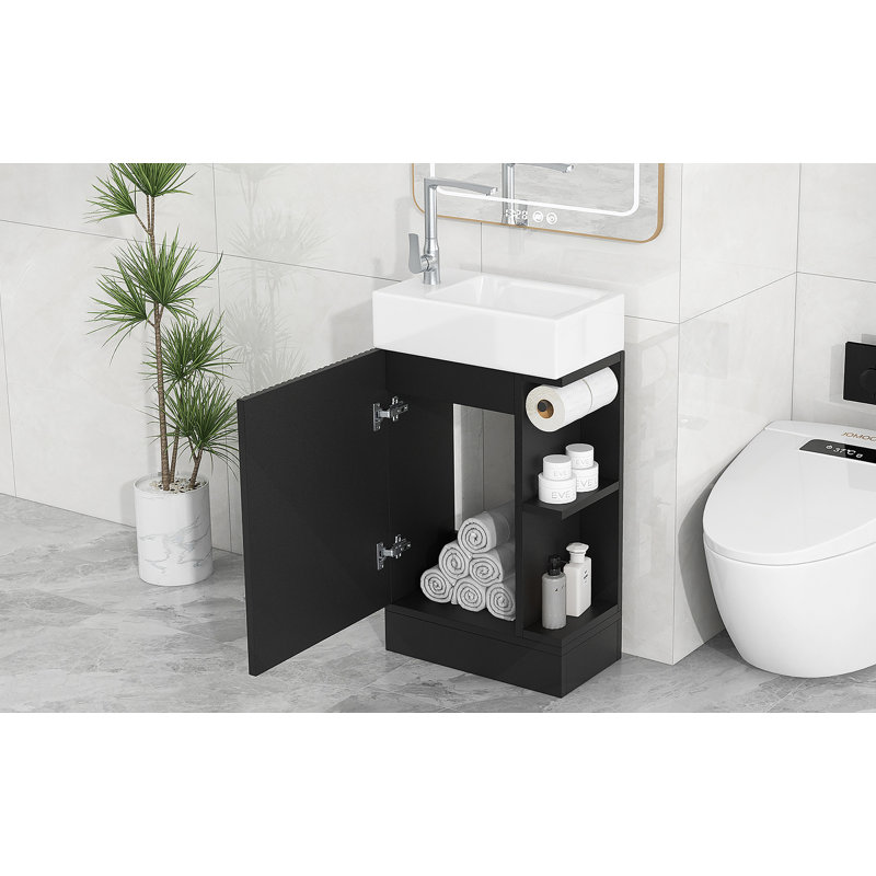 Meuble-lavabo 18,6 po avec lavabo, meuble-lavabo avec tablette à deux niveaux, orientation gauche ou droite, noir (WF308491 nouvelle couleur)
