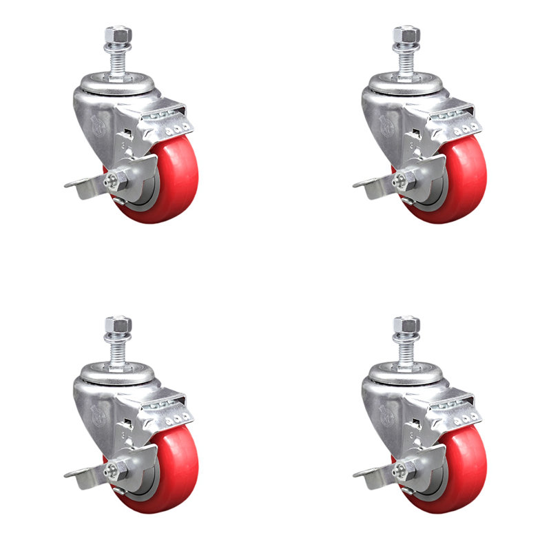 Ensemble de roulettes à tige filetée en polyuréthane 3 pouces et demi-tige filetée frein, Rouge