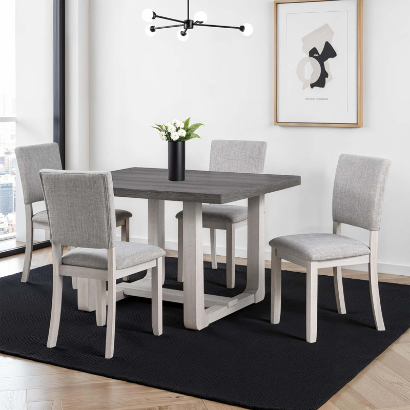 Ensemble de salle à manger style transitionnel 5 pièces Chaises rembourrées en tissu, Gris / blanc antique