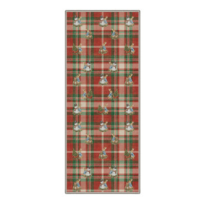 Machine Washable Plaid Red / Green Hallway Runner With Non-Slip Backing