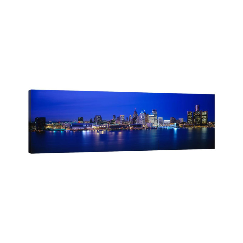 USA, Michigan, Detroit, Night by Panoramic Images - Wrapped Canvas Panoramic Print, 30.48 cm H x 91.44 cm W x 1.91 cm D