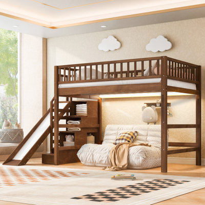 Full Size Loft Bed with Storage Staircase, Slide and LED Light, Walnut