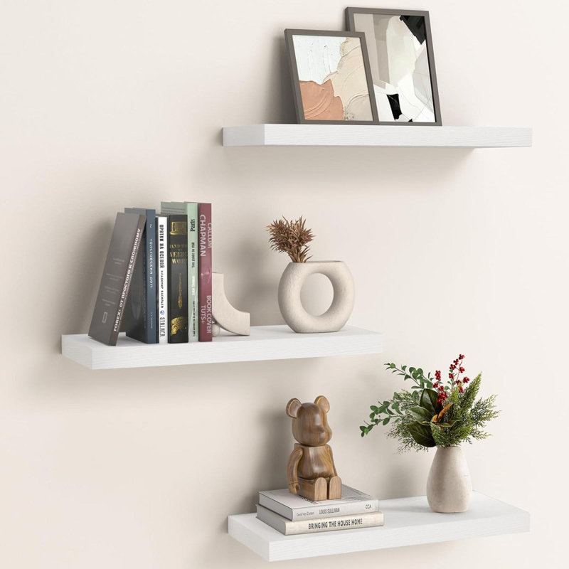 Obeda Wood Floating Shelves with Invisible Wall Mount Brackets (Set of 3), Brown