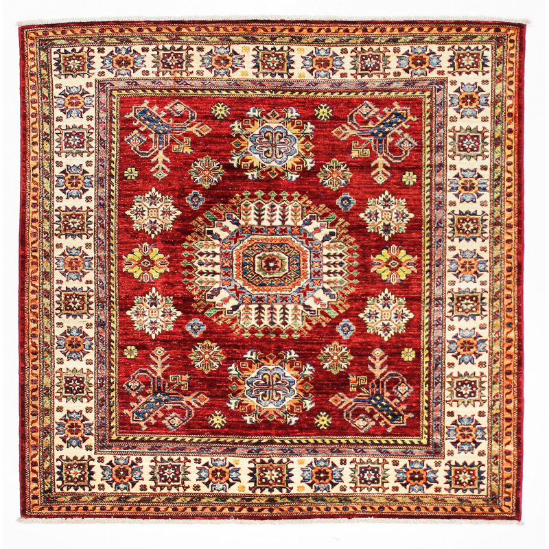 Tapis rouge / ivoire en laine New Age Tribal One-of-a-Kind 5 pi x 5 pi 0 po Tribal