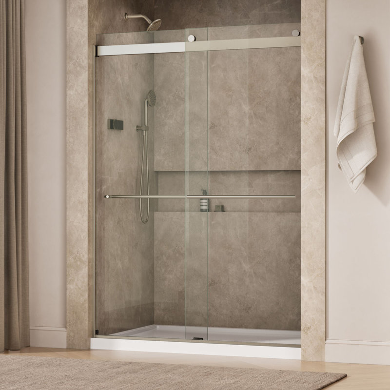 Levity Plus Less Sliding Shower Door, 81-5/8" H x 56-5/8 - 59-5/8" W, With 3/8" Thick Crystal Clear Glass, Nickel