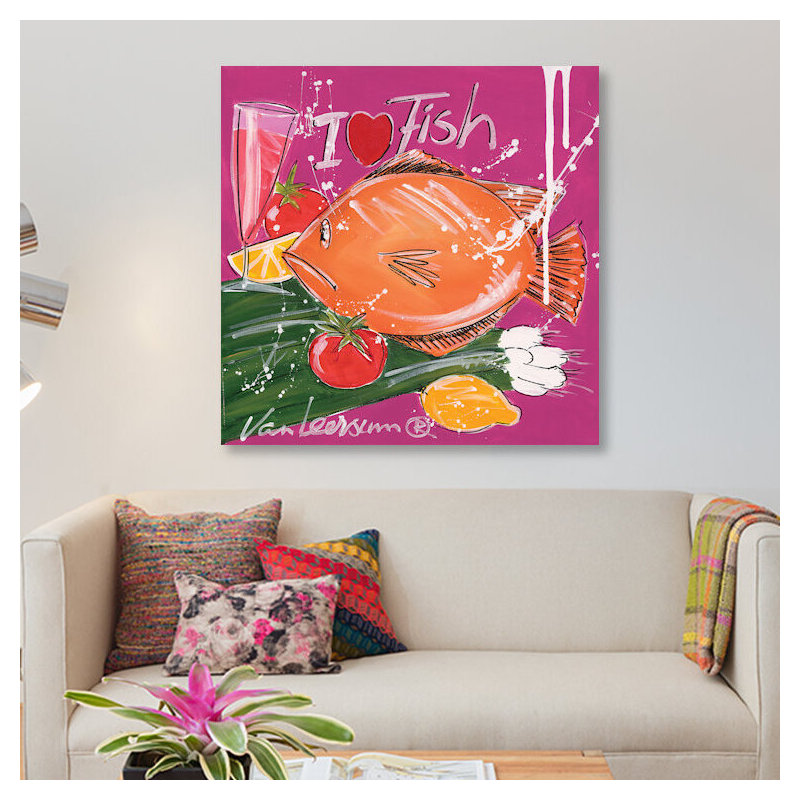 " I Love Fish " by El Van Leersum, 18" H x 18" Wx 1.5" D, No Mat, Wrapped Canvas