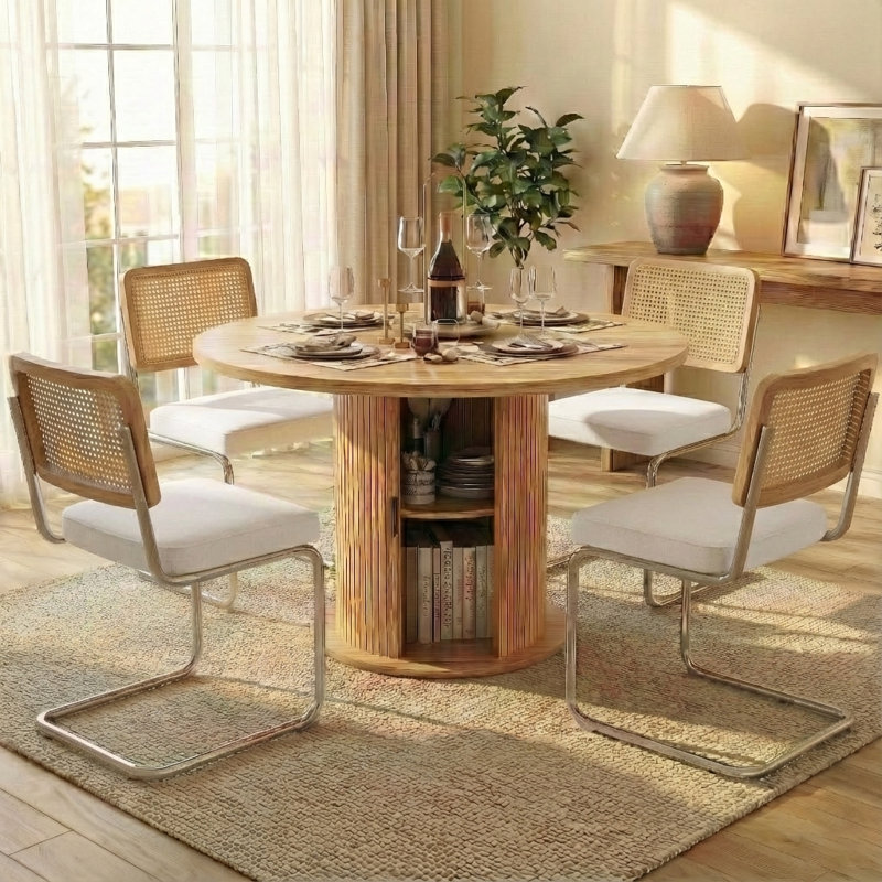 5-piece Round Pedestal Dining Set With Cane Back Cantilever Chairs, White