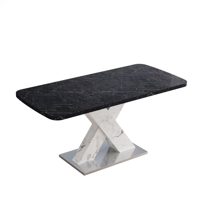 Stretchable Dining Table,X-Shape Table Leg with Metal Base (, Black, White/Black