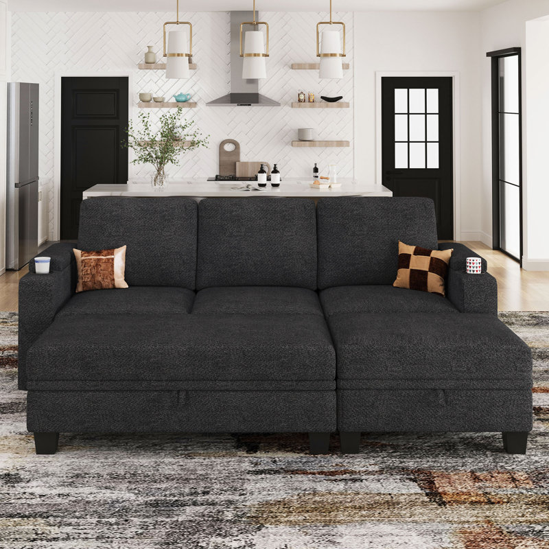 Penelopa Chenille Apartment Modular Sectional Sofa Bed Sleeper Storage Seat Couch With Cup Holder And Removable Washable Cushion For Living Room Lounge