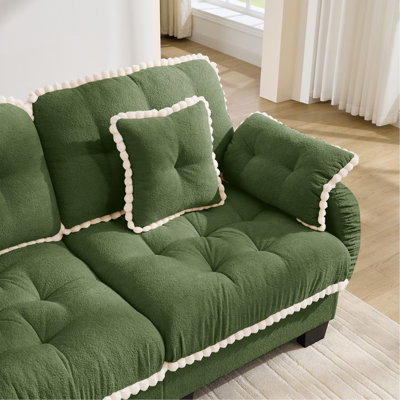 Chenille Cloud 4-Seater Sofa with 4 Pillows, Pom-Pom Trim Quilted Tufted Cushion Ergonomic Design, Easy Assembly Deep Seat Couch for Living Room Office, Apartment, Green