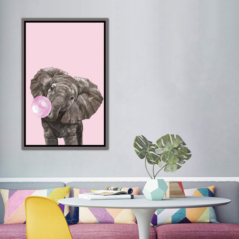 Art d’éléphant de gomme à bulles, H 60 po x l 40po x P 1,5 po, Toile encadrée de bois rustique foncé