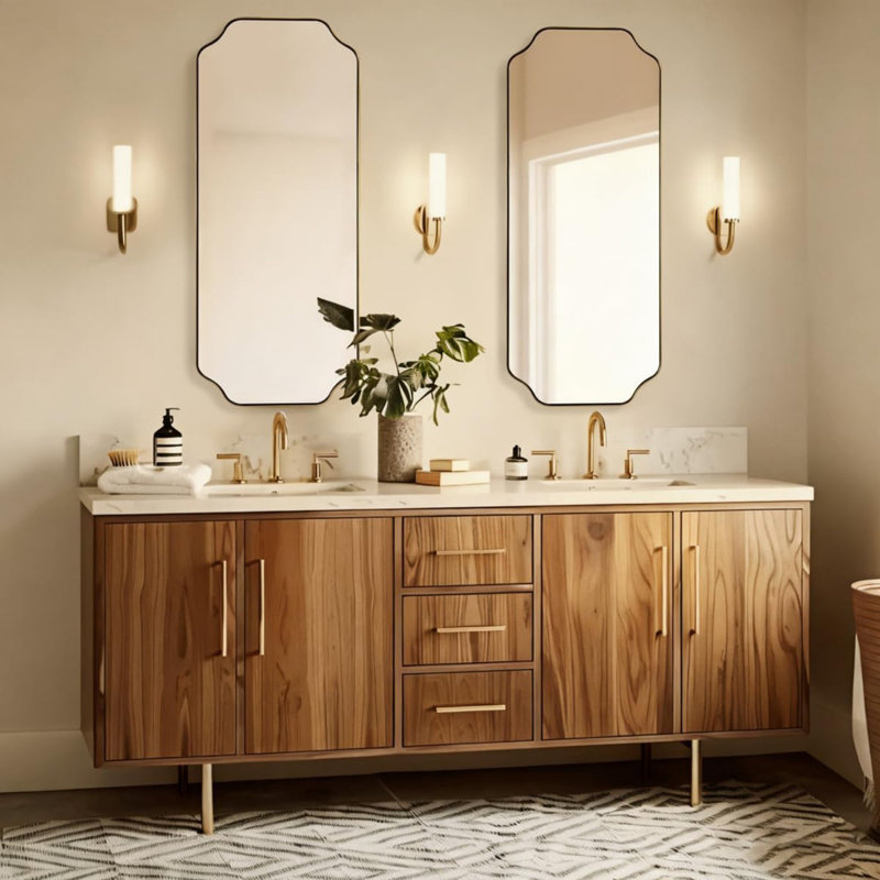 Modern Scalloped Corner Rectangle Bathroom Vanity Mirror | Stainless Steel Frame, Brushed Gold, 48" x 18"