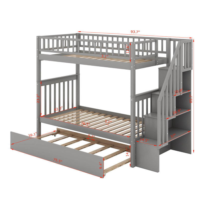 Twin Over Twin Bunk Bed With Trundle, Gray