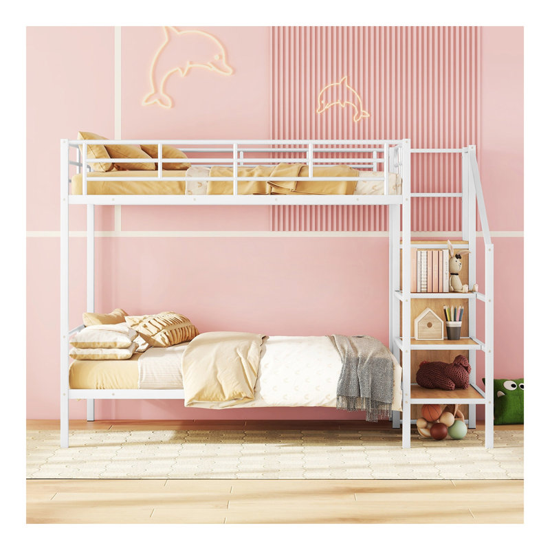 Lit superposé double en métal avec échelle de rangement latérale et garde-robe, blanc, Blanc